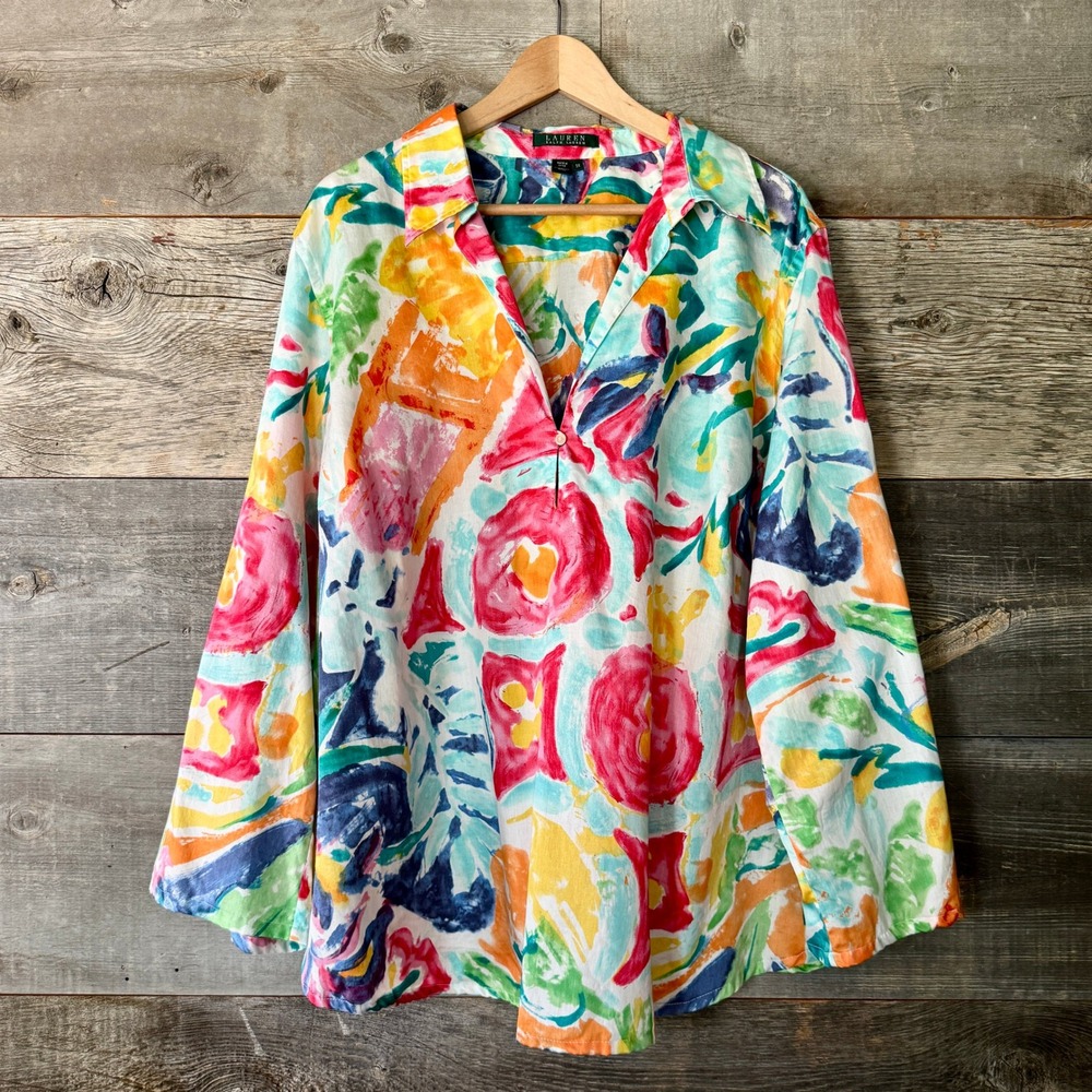 Lauren Ralph Lauren Floral Watercolor Cotton Popover Top 3X Multi Light Flowy